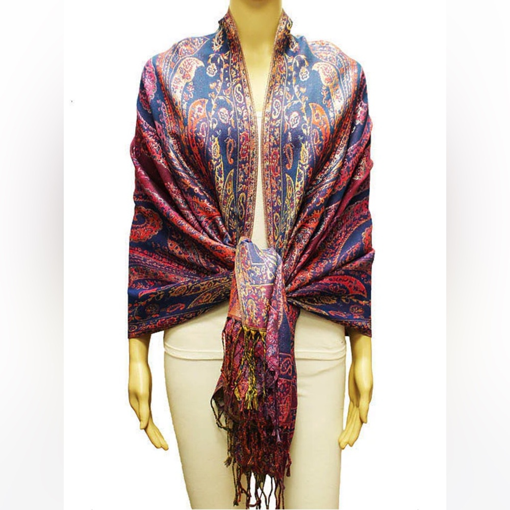 606. Fringed Pashmina Multi Color Pink/Purple/Blue Metallic Silver NEW Item OS